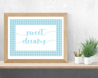 "Sweet Dreams" Light Blue Plaid Nursery Printable Wall Art